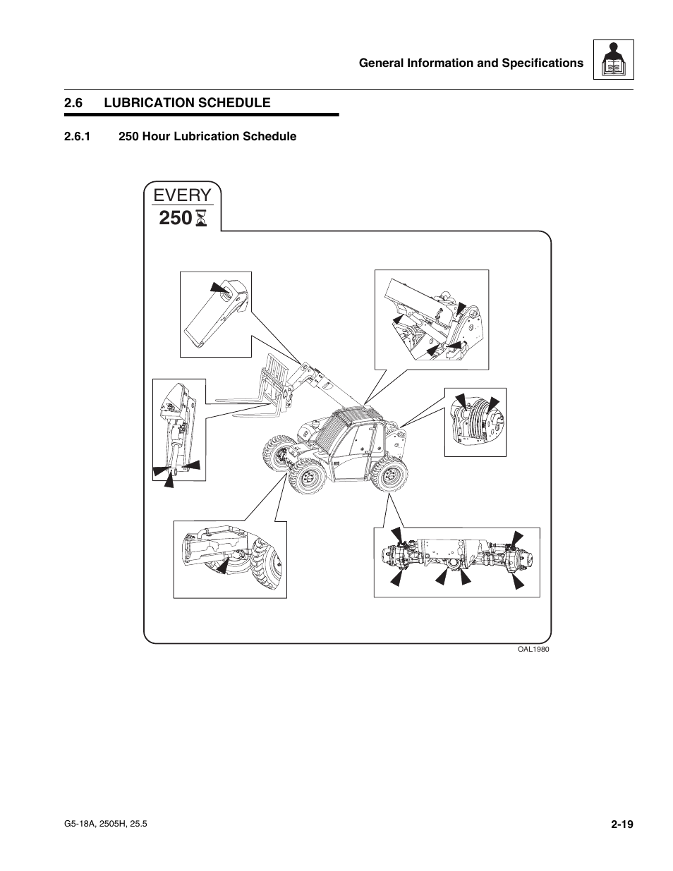 6 lubrication schedule, 1 250 hour lubrication schedule, Lubrication schedule | 250 hour lubrication schedule, Every | JLG G5-18A Service Manual User Manual | Page 31 / 180