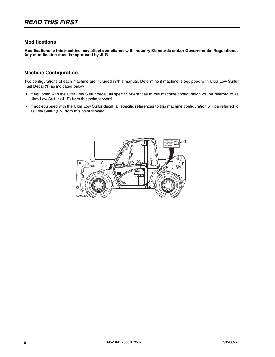 Read this first, Modifications, Machine configuration | JLG G5-18A Service Manual User Manual | Page 4 / 180