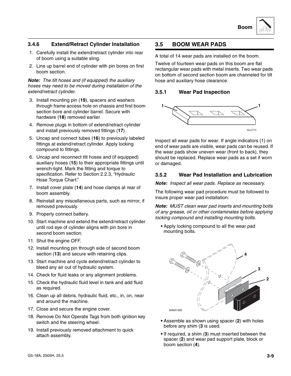 6 extend/retract cylinder installation, 5 boom wear pads, 1 wear pad inspection | 2 wear pad installation and lubrication, Boom wear pads, Extend/retract cylinder installation, Wear pad inspection, Wear pad installation and lubrication, Section, 1, “wear pad inspection | JLG G5-18A Service Manual User Manual | Page 41 / 180