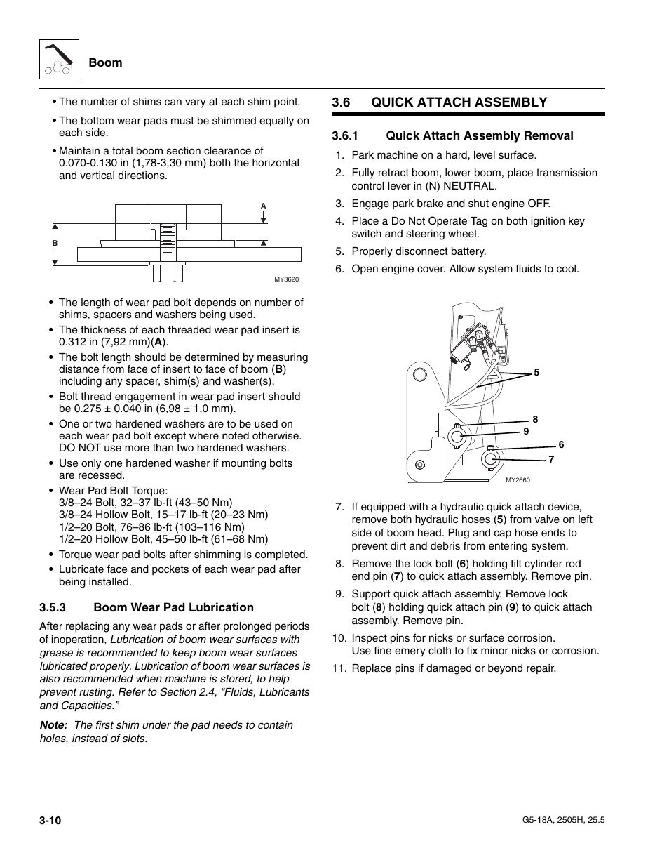 3 boom wear pad lubrication, 6 quick attach assembly, 1 quick attach assembly removal | Quick attach assembly, Boom wear pad lubrication, Quick attach assembly removal, Section, 1, “quick attach assembly removal | JLG G5-18A Service Manual User Manual | Page 42 / 180