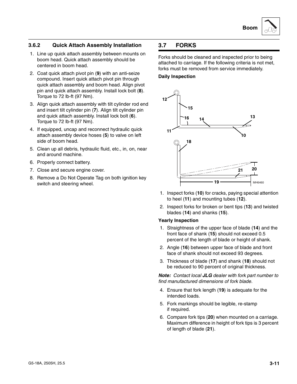 2 quick attach assembly installation, 7 forks, Forks | Quick attach assembly installation | JLG G5-18A Service Manual User Manual | Page 43 / 180
