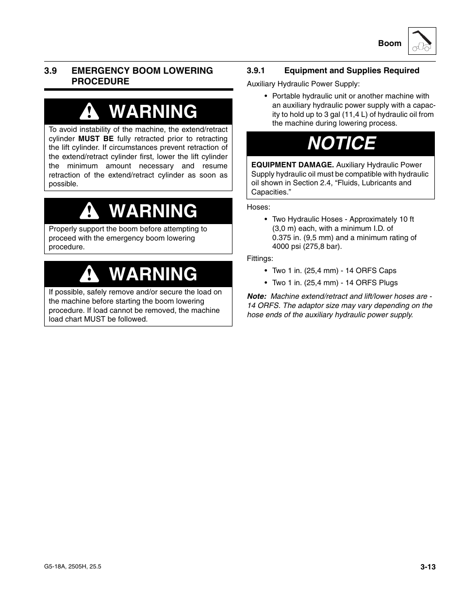 9 emergency boom lowering procedure, 1 equipment and supplies required, Emergency boom lowering procedure | Equipment and supplies required, Warning, Notice | JLG G5-18A Service Manual User Manual | Page 45 / 180