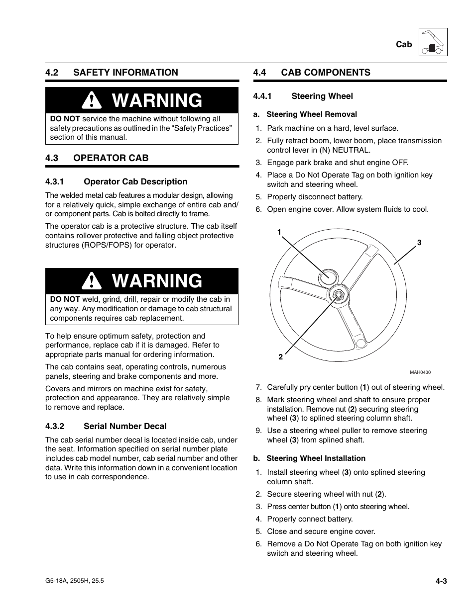 2 safety information, 3 operator cab, 1 operator cab description | 2 serial number decal, 4 cab components, 1 steering wheel, Safety information, Operator cab, Cab components, Operator cab description | JLG G5-18A Service Manual User Manual | Page 51 / 180