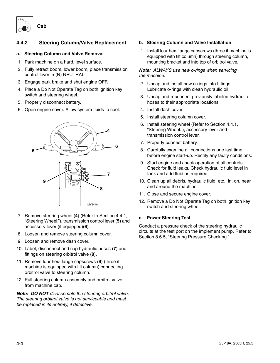 2 steering column/valve replacement, Steering column/valve replacement | JLG G5-18A Service Manual User Manual | Page 52 / 180