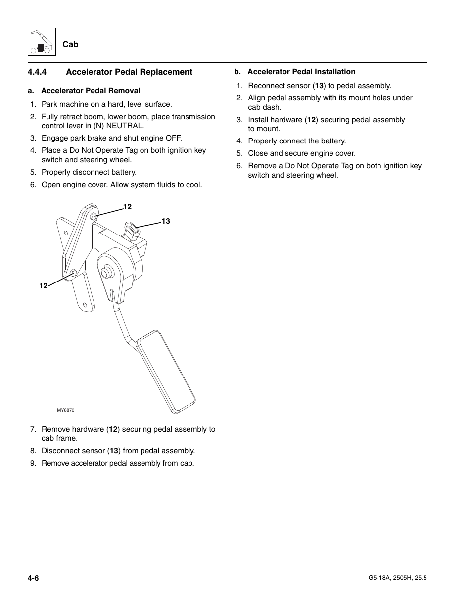 4 accelerator pedal replacement, Accelerator pedal replacement | JLG G5-18A Service Manual User Manual | Page 54 / 180