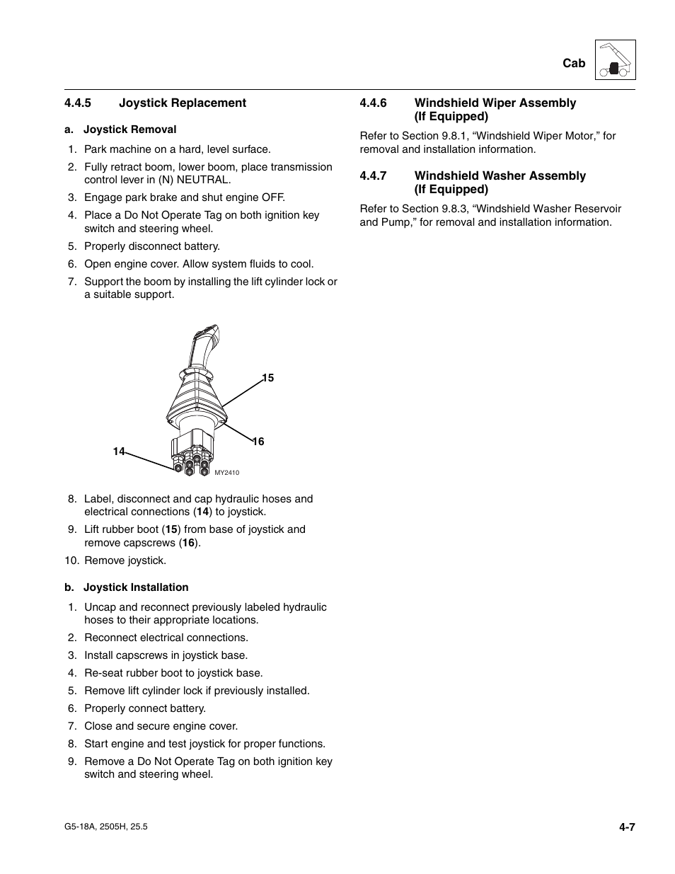 5 joystick replacement, 6 windshield wiper assembly (if equipped), 7 windshield washer assembly (if equipped) | Joystick replacement, Windshield wiper assembly (if equipped), Windshield washer assembly (if equipped) | JLG G5-18A Service Manual User Manual | Page 55 / 180