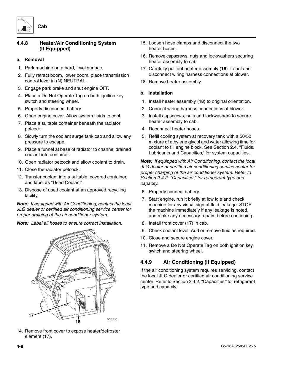 8 heater/air conditioning system (if equipped), 9 air conditioning (if equipped), Heater/air conditioning system (if equipped) | Air conditioning (if equipped) | JLG G5-18A Service Manual User Manual | Page 56 / 180