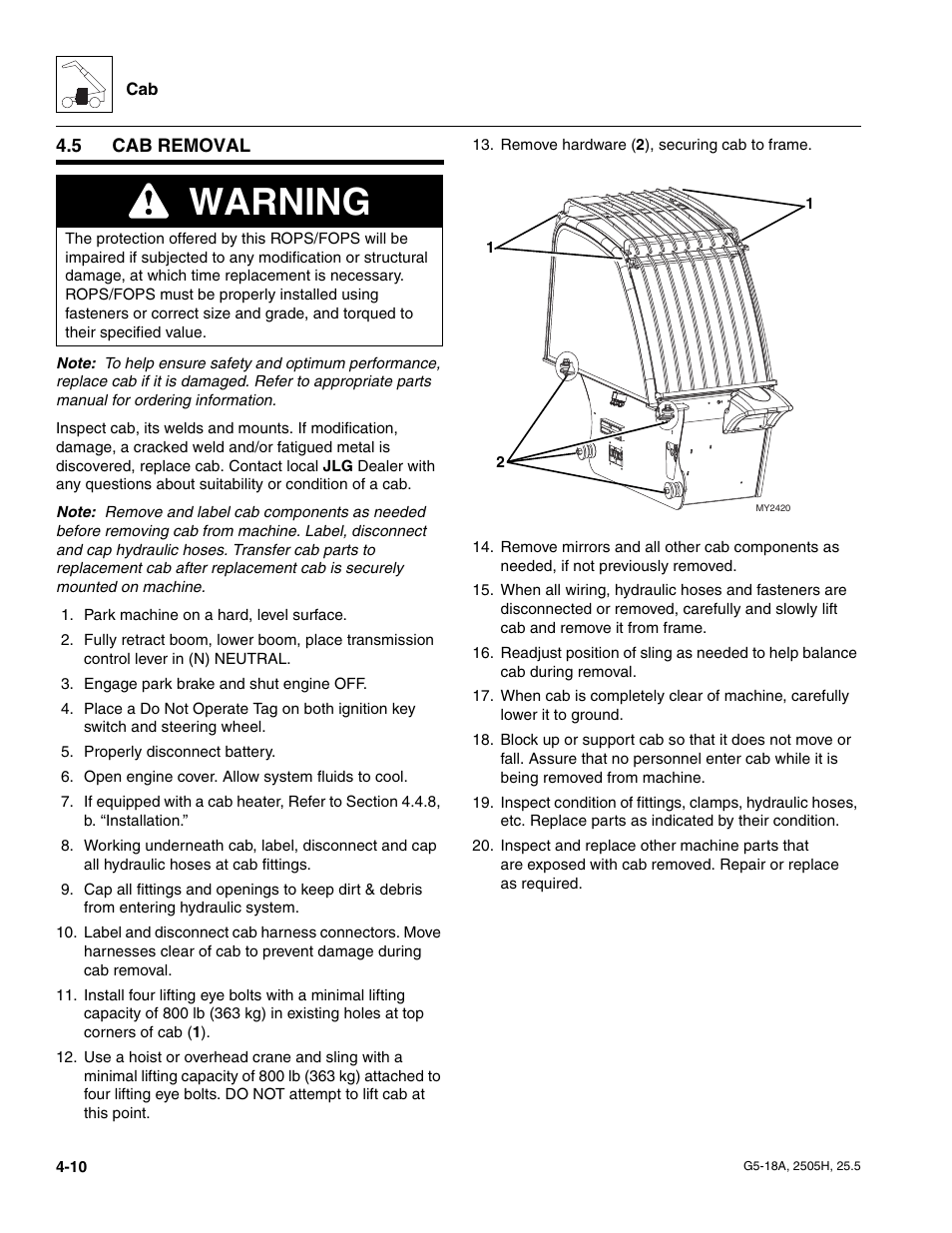 5 cab removal, Cab removal, Warning | JLG G5-18A Service Manual User Manual | Page 58 / 180