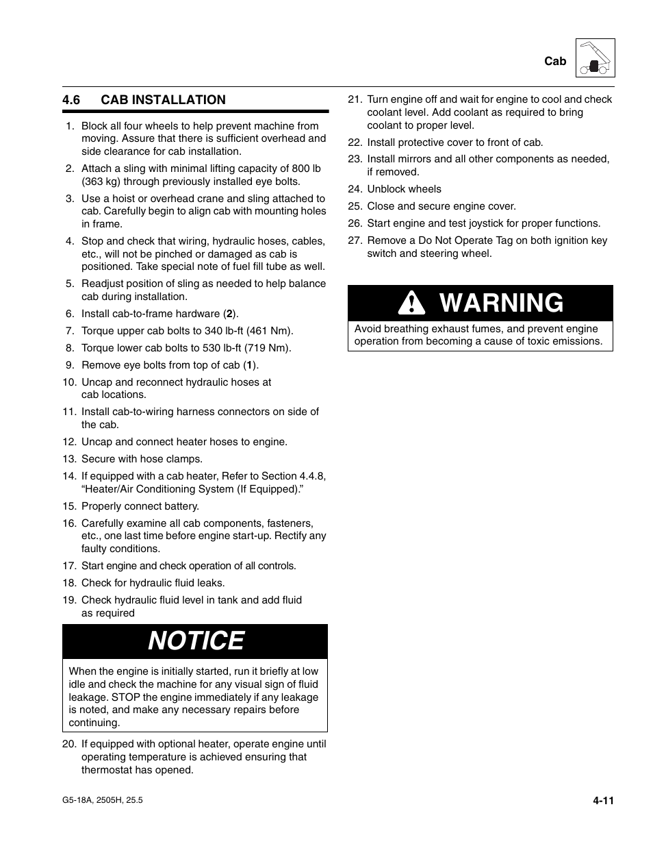 6 cab installation, Cab installation, Notice | Warning | JLG G5-18A Service Manual User Manual | Page 59 / 180