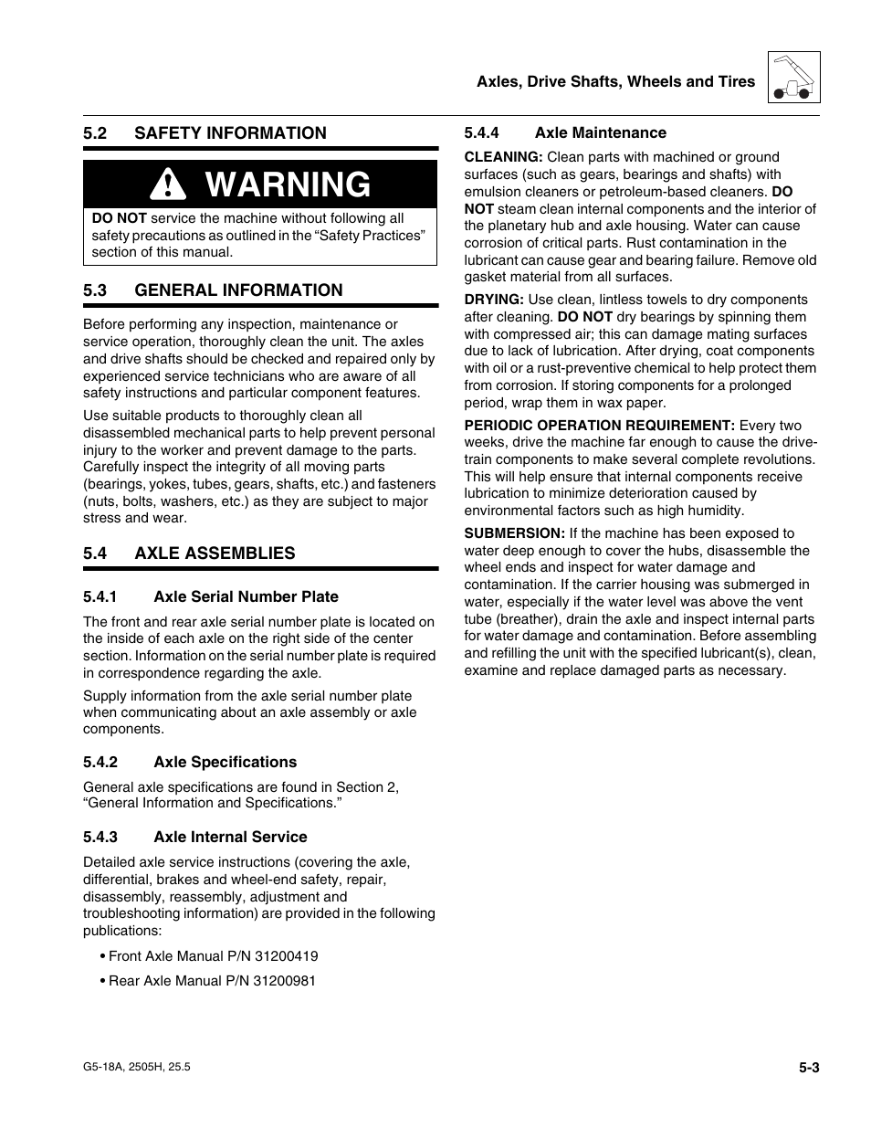 2 safety information, 3 general information, 4 axle assemblies | 1 axle serial number plate, 2 axle specifications, 3 axle internal service, 4 axle maintenance, Safety information, General information, Axle assemblies | JLG G5-18A Service Manual User Manual | Page 63 / 180