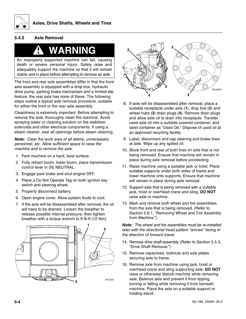 5 axle removal, Axle removal, Warning | JLG G5-18A Service Manual User Manual | Page 64 / 180