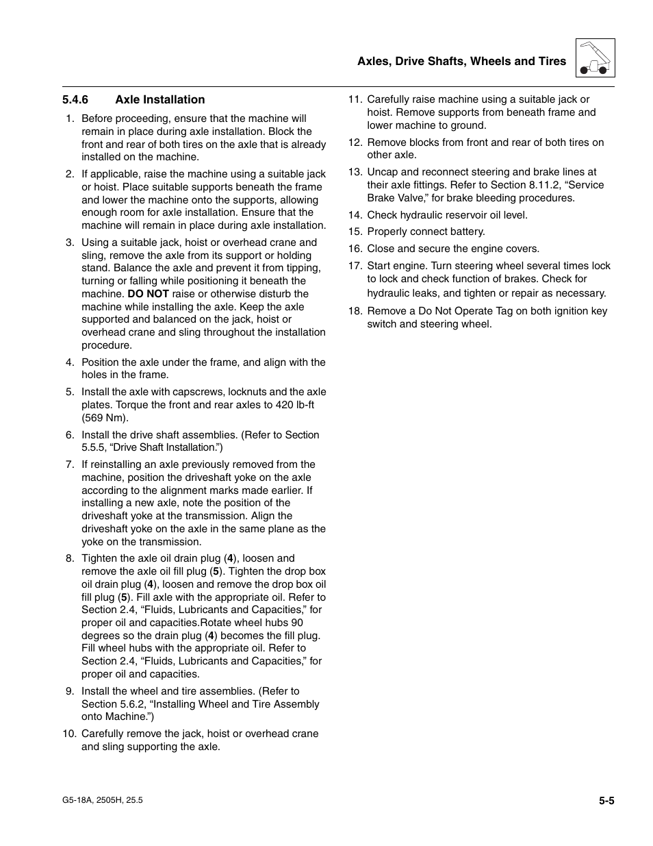 6 axle installation, Axle installation | JLG G5-18A Service Manual User Manual | Page 65 / 180