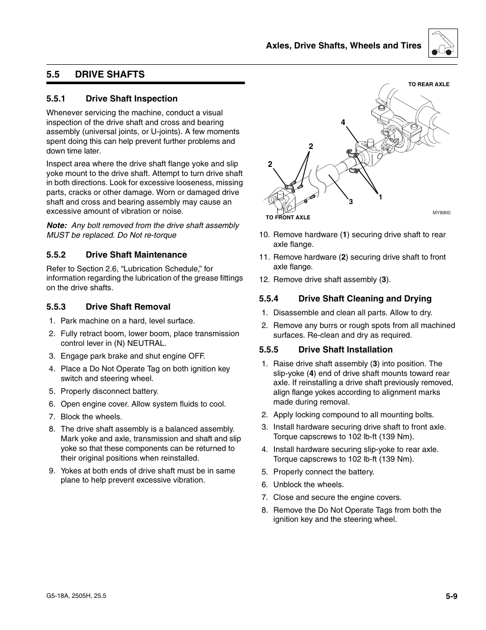 5 drive shafts, 1 drive shaft inspection, 2 drive shaft maintenance | 3 drive shaft removal, 4 drive shaft cleaning and drying, 5 drive shaft installation, Drive shafts, Drive shaft inspection, Drive shaft maintenance, Drive shaft removal | JLG G5-18A Service Manual User Manual | Page 69 / 180