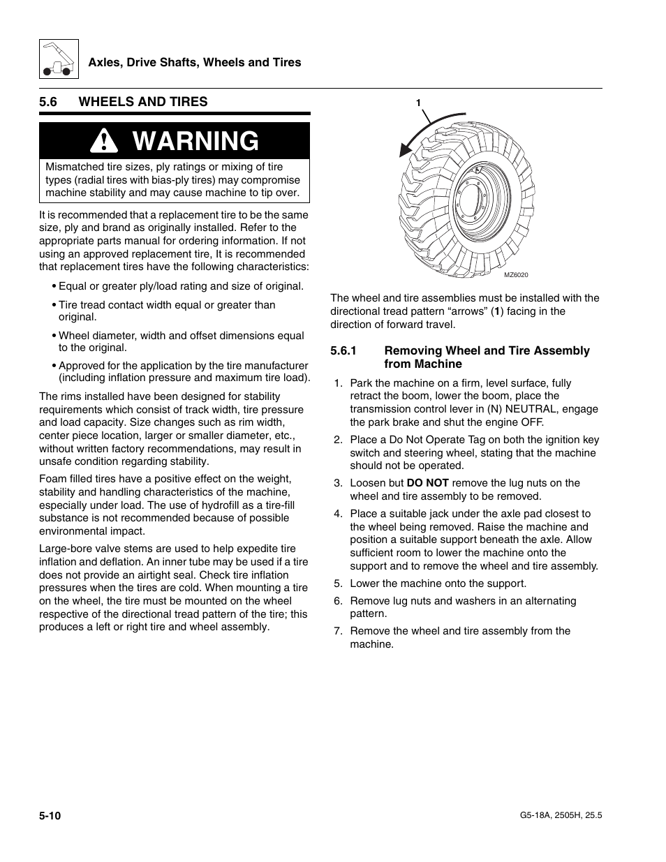 6 wheels and tires, 1 removing wheel and tire assembly from machine, Wheels and tires | Removing wheel and tire assembly from machine, Warning | JLG G5-18A Service Manual User Manual | Page 70 / 180