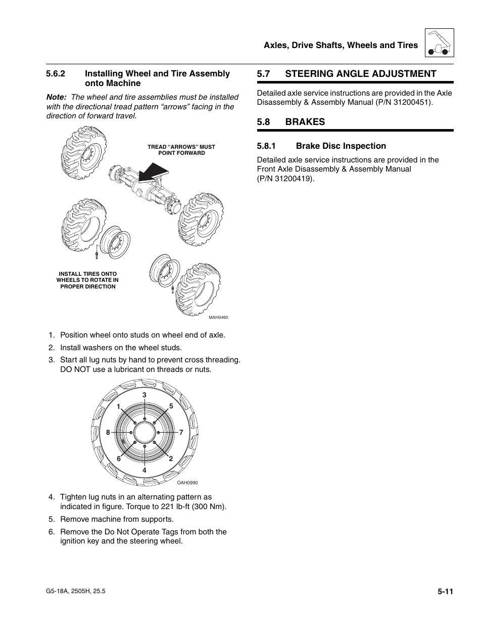2 installing wheel and tire assembly onto machine, 7 steering angle adjustment, 8 brakes | 1 brake disc inspection, Steering angle adjustment, Brakes, Installing wheel and tire assembly onto machine, Brake disc inspection | JLG G5-18A Service Manual User Manual | Page 71 / 180