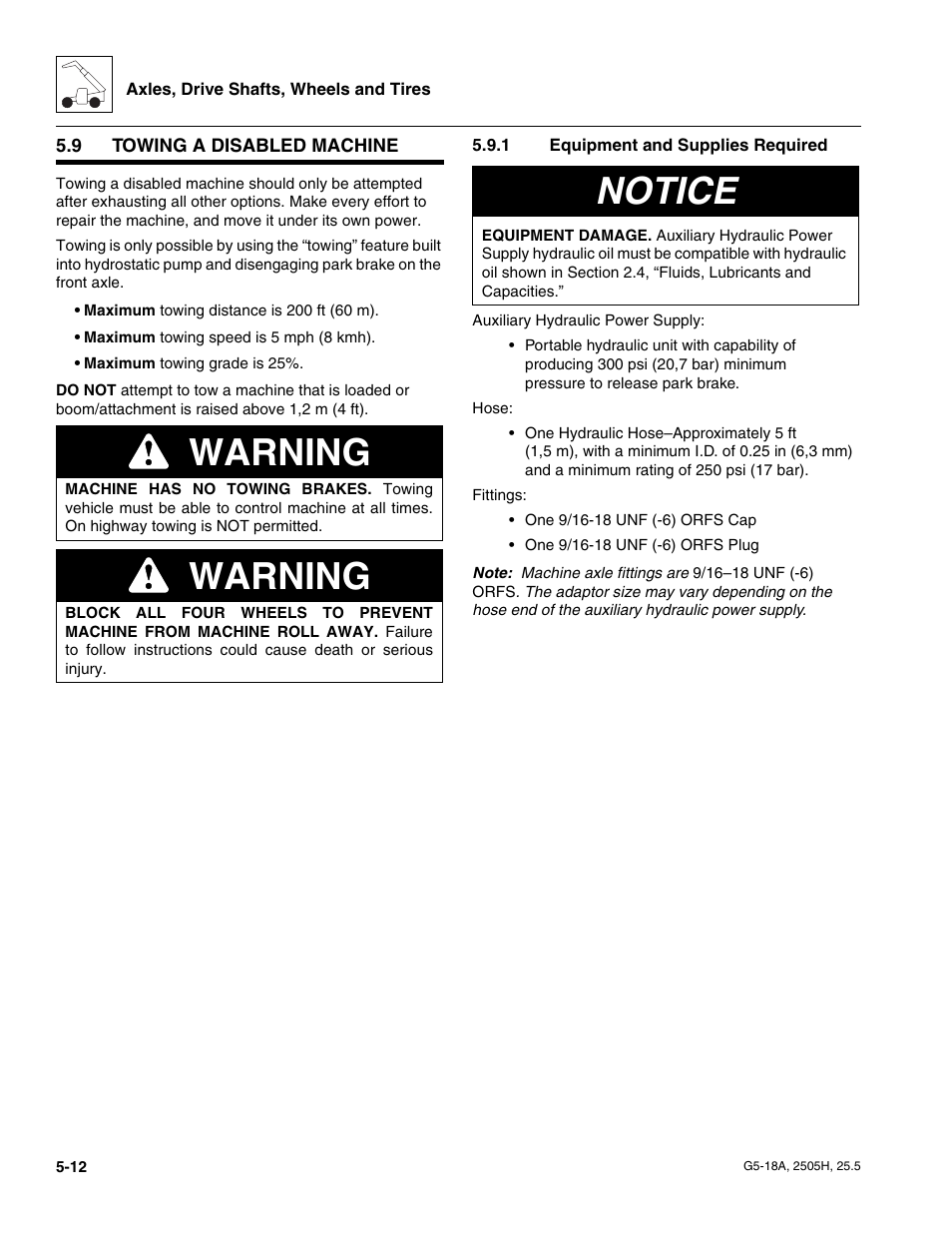 9 towing a disabled machine, 1 equipment and supplies required, Towing a disabled machine | Equipment and supplies required, Warning, Notice | JLG G5-18A Service Manual User Manual | Page 72 / 180