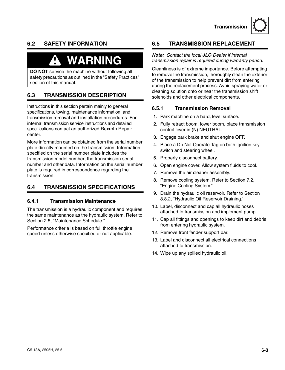 2 safety information, 3 transmission description, 4 transmission specifications | 1 transmission maintenance, 5 transmission replacement, 1 transmission removal, Safety information, Transmission description, Transmission specifications, Transmission replacement | JLG G5-18A Service Manual User Manual | Page 77 / 180