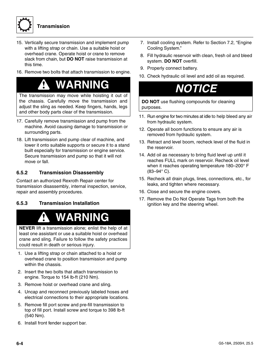 2 transmission disassembly, 3 transmission installation, Transmission disassembly | Transmission installation, Warning, Notice | JLG G5-18A Service Manual User Manual | Page 78 / 180