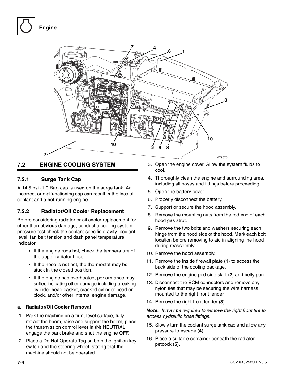 2 engine cooling system, 1 surge tank cap, 2 radiator/oil cooler replacement | Engine cooling system, Surge tank cap, Radiator/oil cooler replacement | JLG G5-18A Service Manual User Manual | Page 82 / 180