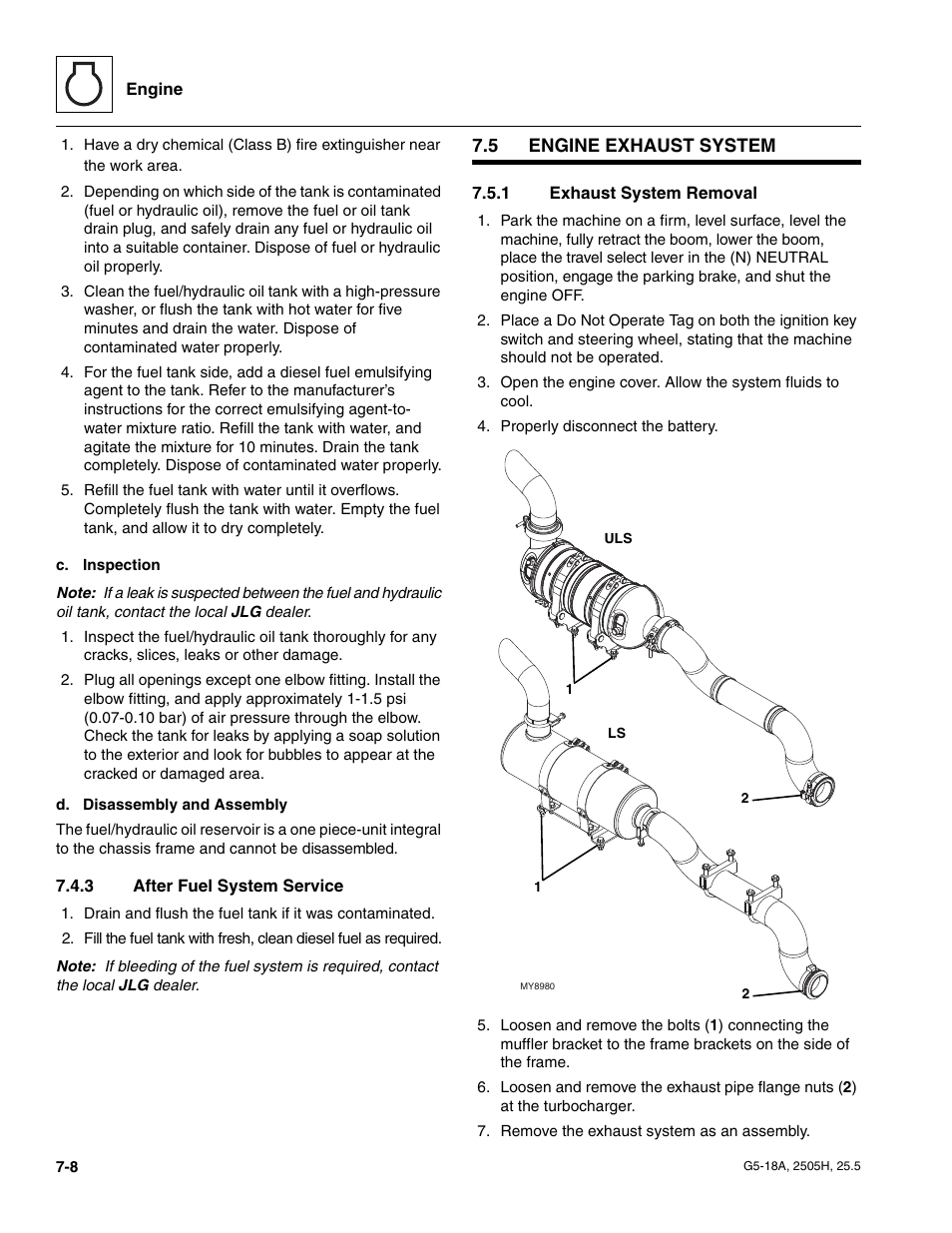 3 after fuel system service, 5 engine exhaust system, 1 exhaust system removal | Engine exhaust system, After fuel system service, Exhaust system removal | JLG G5-18A Service Manual User Manual | Page 86 / 180