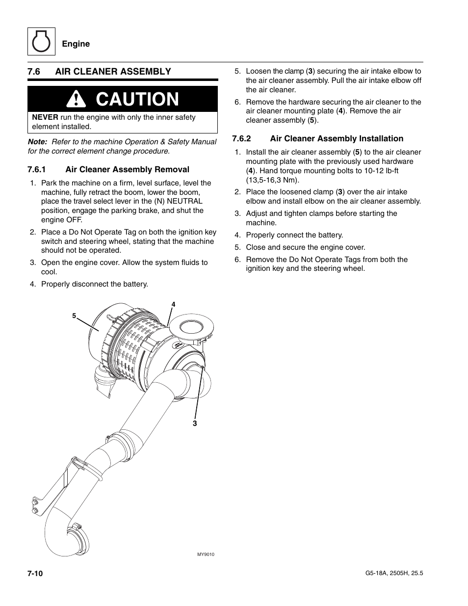 6 air cleaner assembly, 1 air cleaner assembly removal, 2 air cleaner assembly installation | Air cleaner assembly, Air cleaner assembly removal, Air cleaner assembly installation, Caution | JLG G5-18A Service Manual User Manual | Page 88 / 180