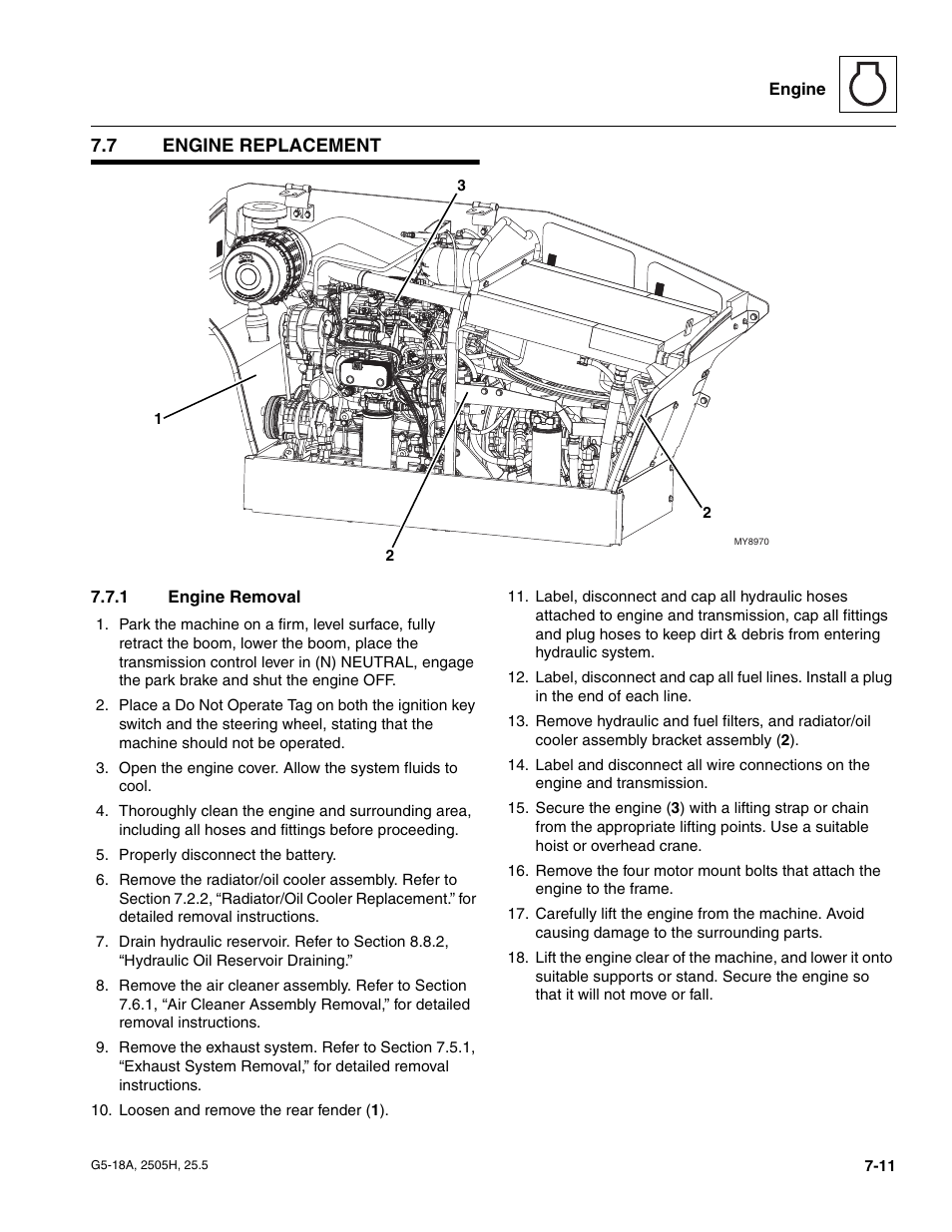 7 engine replacement, 1 engine removal, Engine replacement | Engine removal | JLG G5-18A Service Manual User Manual | Page 89 / 180