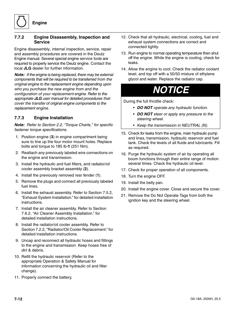 2 engine disassembly, inspection and service, 3 engine installation, Engine disassembly, inspection and service | Engine installation, Notice | JLG G5-18A Service Manual User Manual | Page 90 / 180