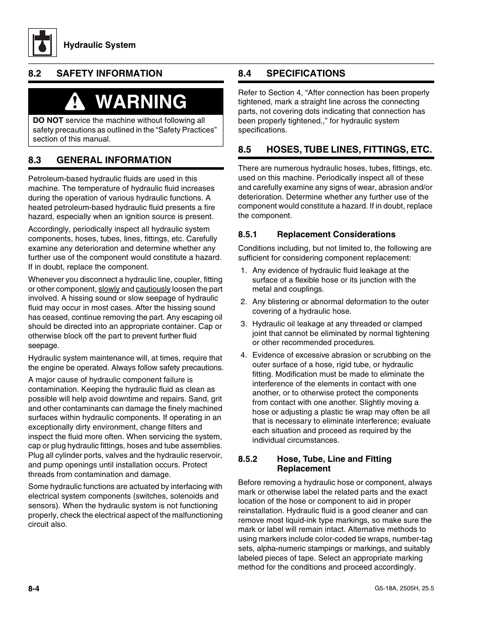 2 safety information, 3 general information, 4 specifications | 5 hoses, tube lines, fittings, etc, 1 replacement considerations, 2 hose, tube, line and fitting replacement, Safety information, General information, Specifications, Hoses, tube lines, fittings, etc | JLG G5-18A Service Manual User Manual | Page 94 / 180