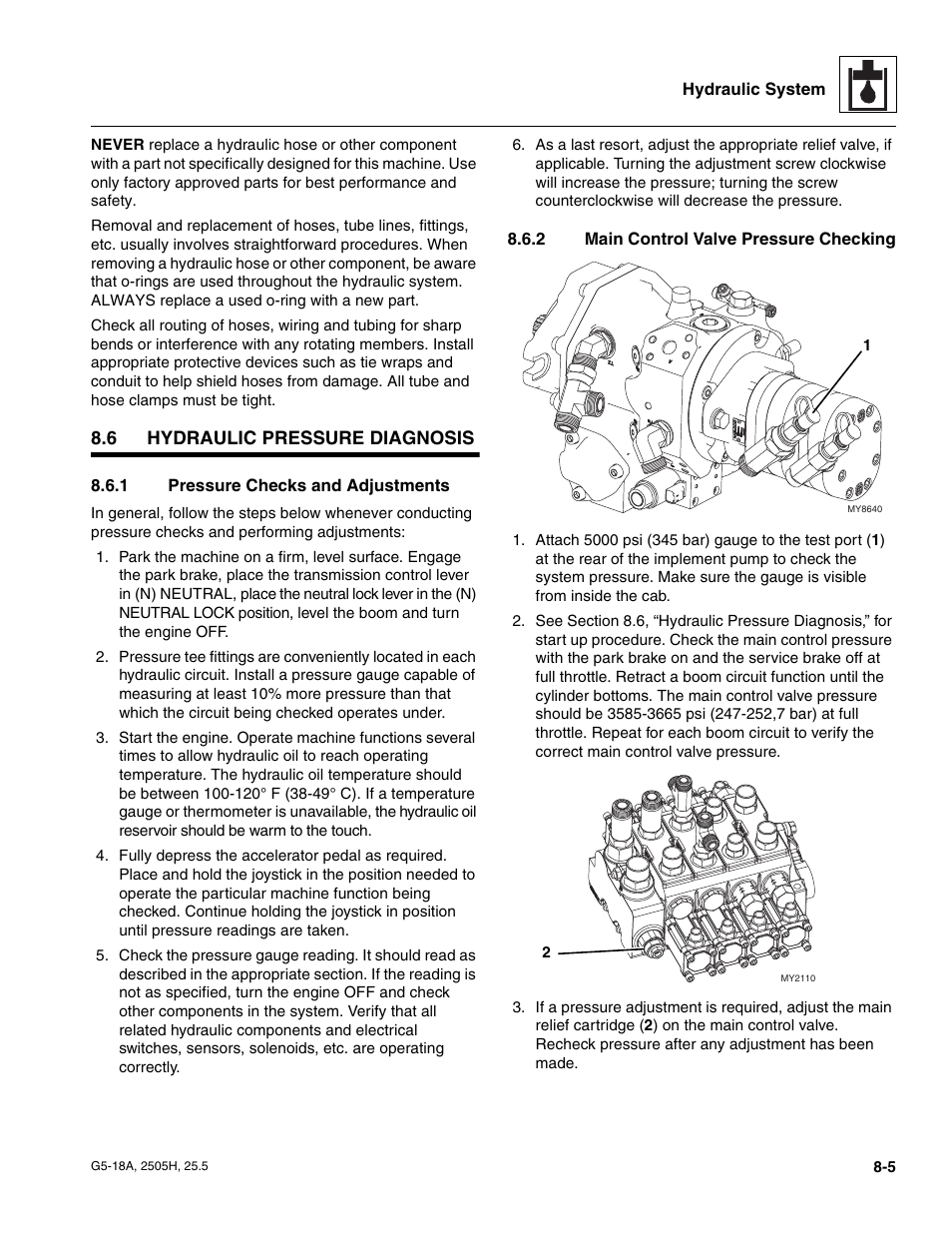 6 hydraulic pressure diagnosis, 1 pressure checks and adjustments, 2 main control valve pressure checking | Hydraulic pressure diagnosis, Pressure checks and adjustments, Main control valve pressure checking | JLG G5-18A Service Manual User Manual | Page 95 / 180