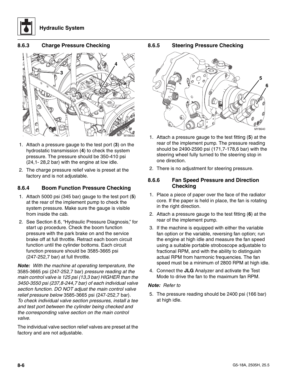 3 charge pressure checking, 4 boom function pressure checking, 5 steering pressure checking | 6 fan speed pressure and direction checking, Section 8.6.5, “steering pressure checking, Charge pressure checking, Boom function pressure checking, Steering pressure checking, Fan speed pressure and direction checking | JLG G5-18A Service Manual User Manual | Page 96 / 180