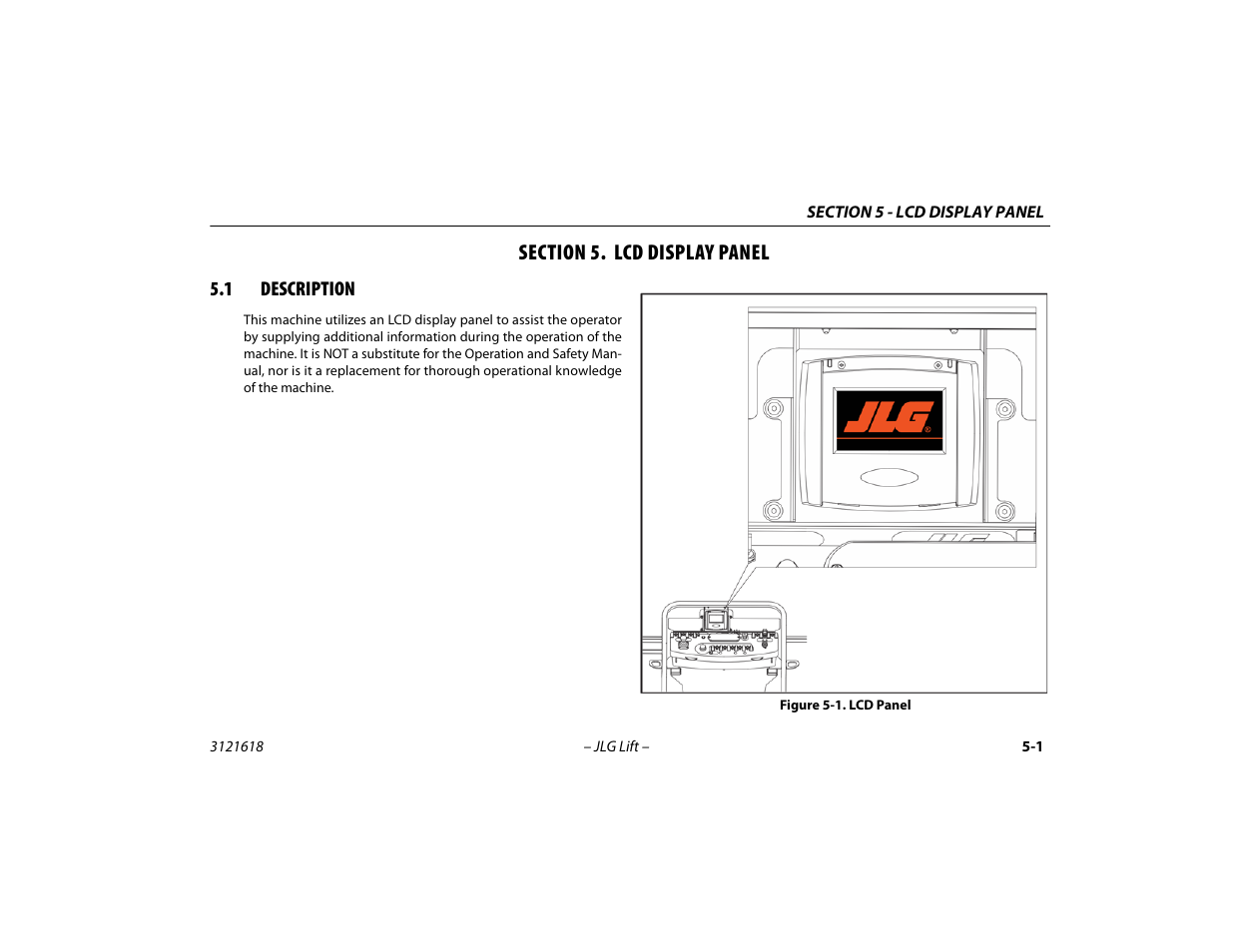 Section 5. lcd display panel, 1 description, Section - 5 - lcd display panel | Description -1, Lcd panel -1 | JLG 1850SJ Operator Manual User Manual | Page 101 / 160