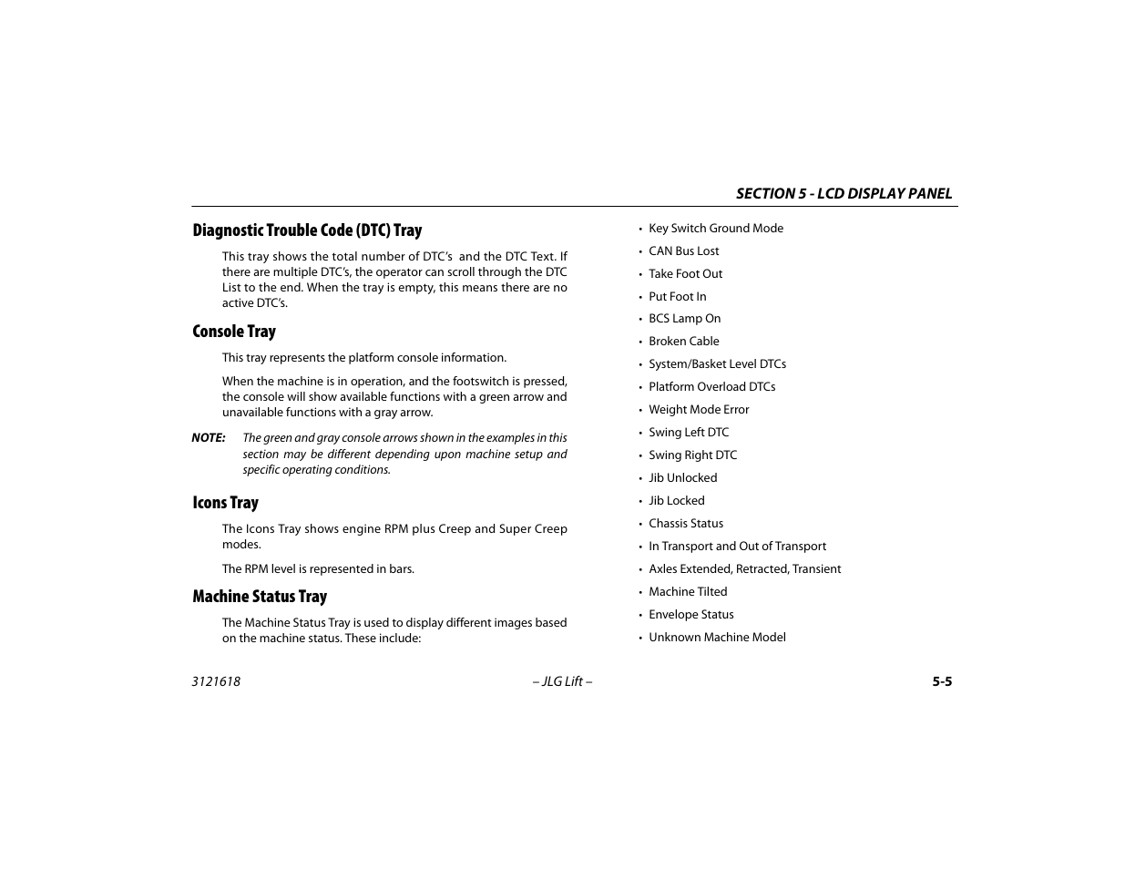 Diagnostic trouble code (dtc) tray, Console tray, Icons tray | Machine status tray, Diagnostic trouble code (dtc) tray -5 | JLG 1850SJ Operator Manual User Manual | Page 105 / 160