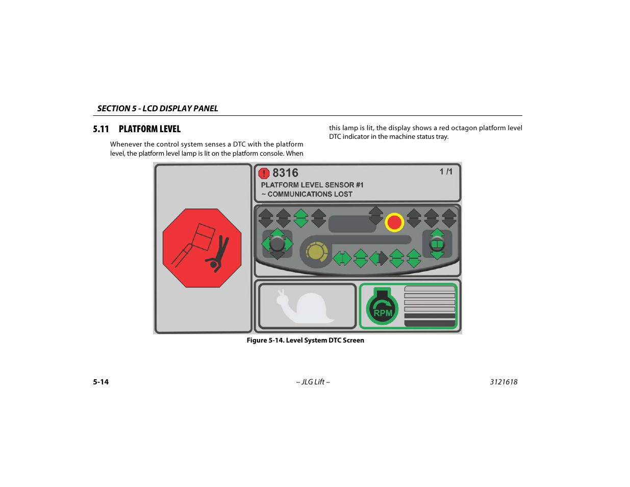 11 platform level, 11 platform level -14, Level system dtc screen -14 | JLG 1850SJ Operator Manual User Manual | Page 114 / 160