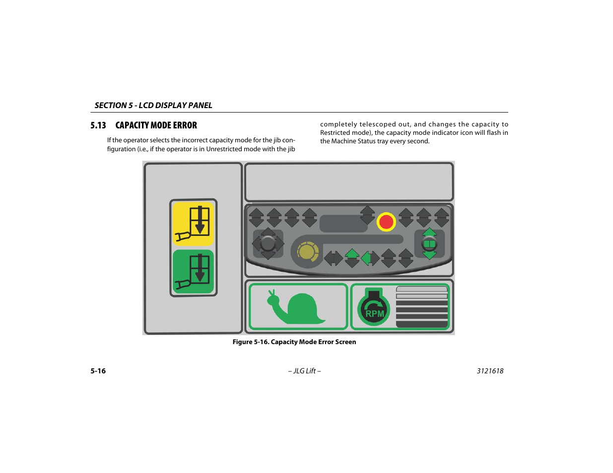 13 capacity mode error, 13 capacity mode error -16, Capacity mode error screen -16 | JLG 1850SJ Operator Manual User Manual | Page 116 / 160