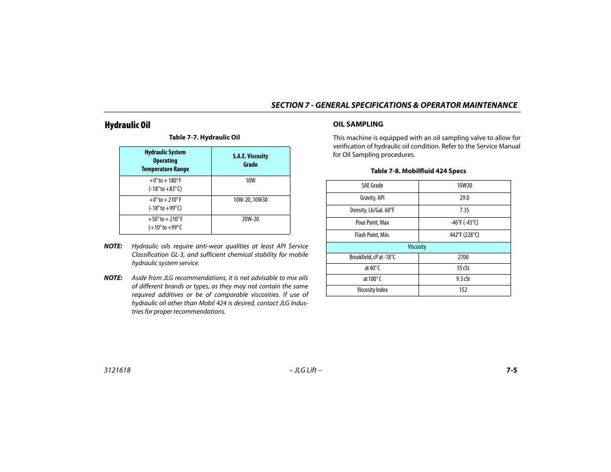 Hydraulic oil, Hydraulic oil -5, Mobilfluid 424 specs -5 | JLG 1850SJ Operator Manual User Manual | Page 137 / 160