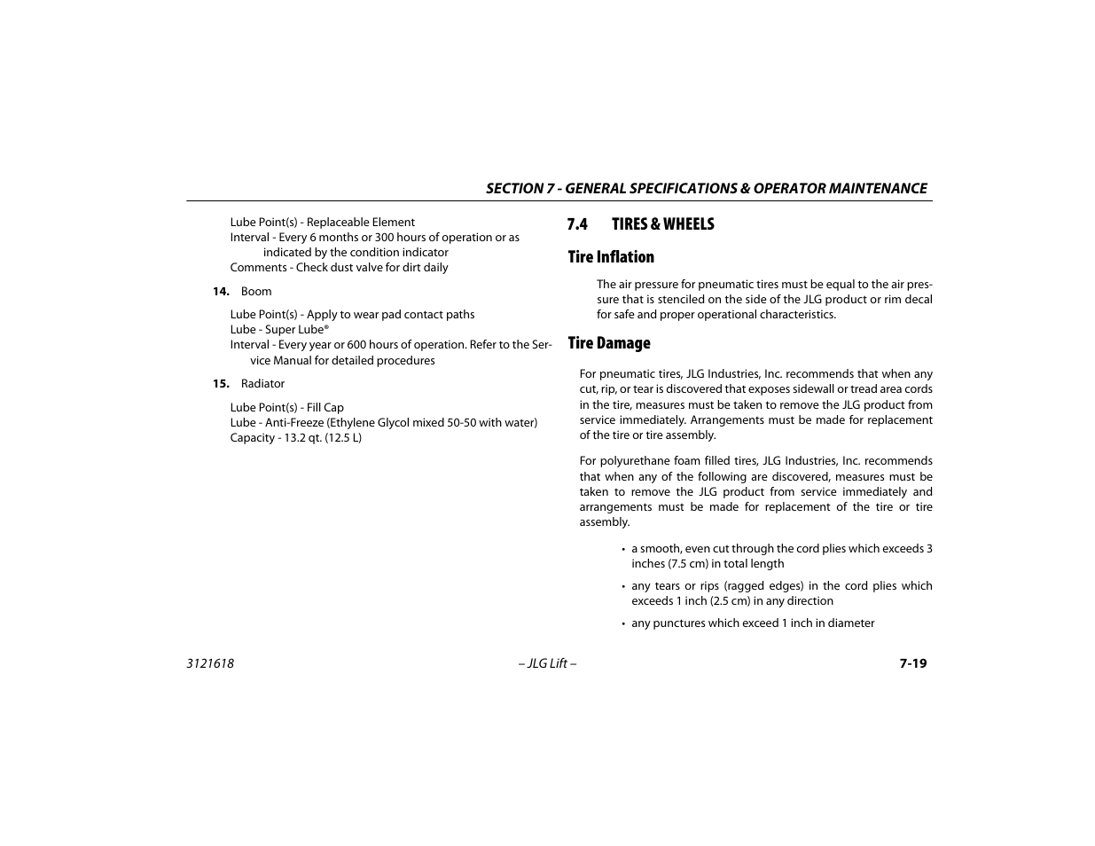 4 tires & wheels, Tire inflation, Tire damage | Tires & wheels -19, Tire inflation -19 tire damage -19, 4 tires & wheels tire inflation | JLG 1850SJ Operator Manual User Manual | Page 151 / 160