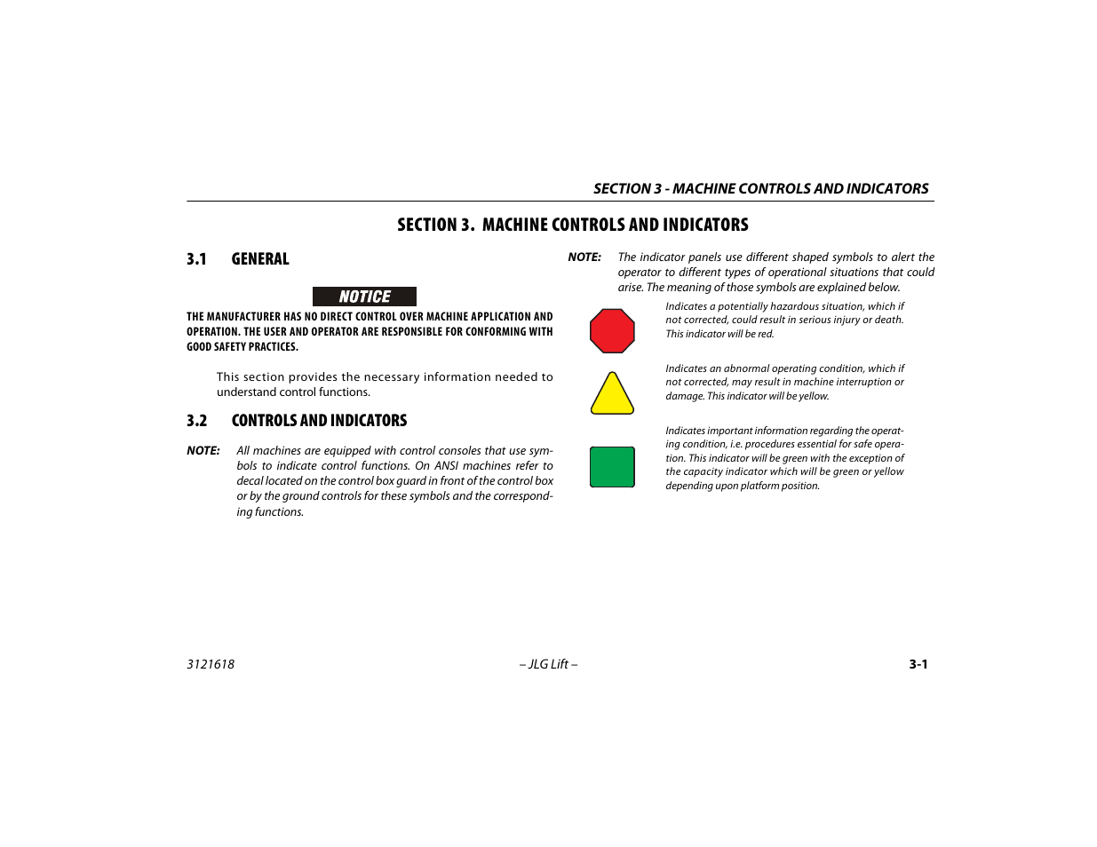 Section 3. machine controls and indicators, 1 general, 2 controls and indicators | Section - 3 - machine controls and indicators, General -1, Controls and indicators -1 | JLG 1850SJ Operator Manual User Manual | Page 45 / 160