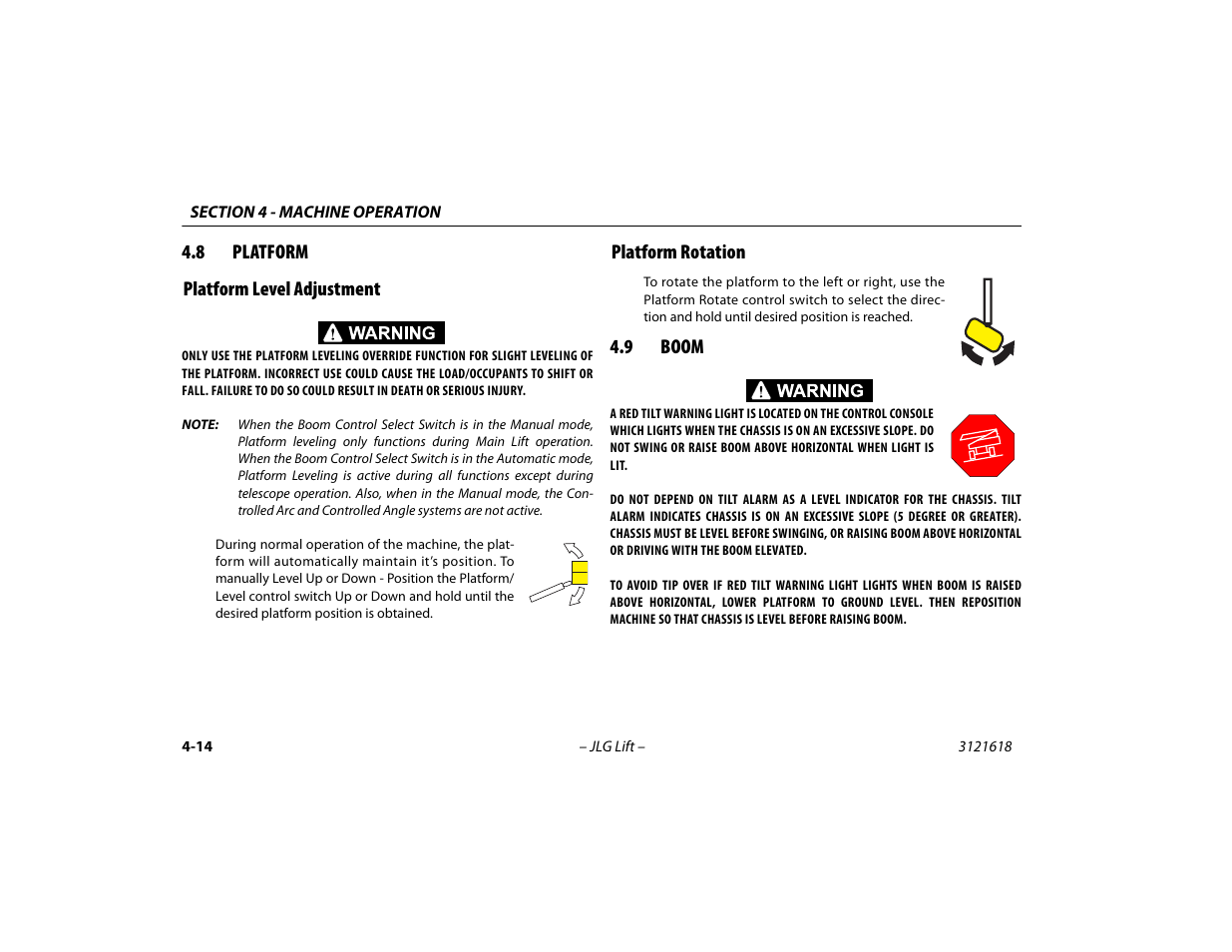 8 platform, Platform level adjustment, Platform rotation | 9 boom, Platform -14, Boom -14 | JLG 1850SJ Operator Manual User Manual | Page 80 / 160