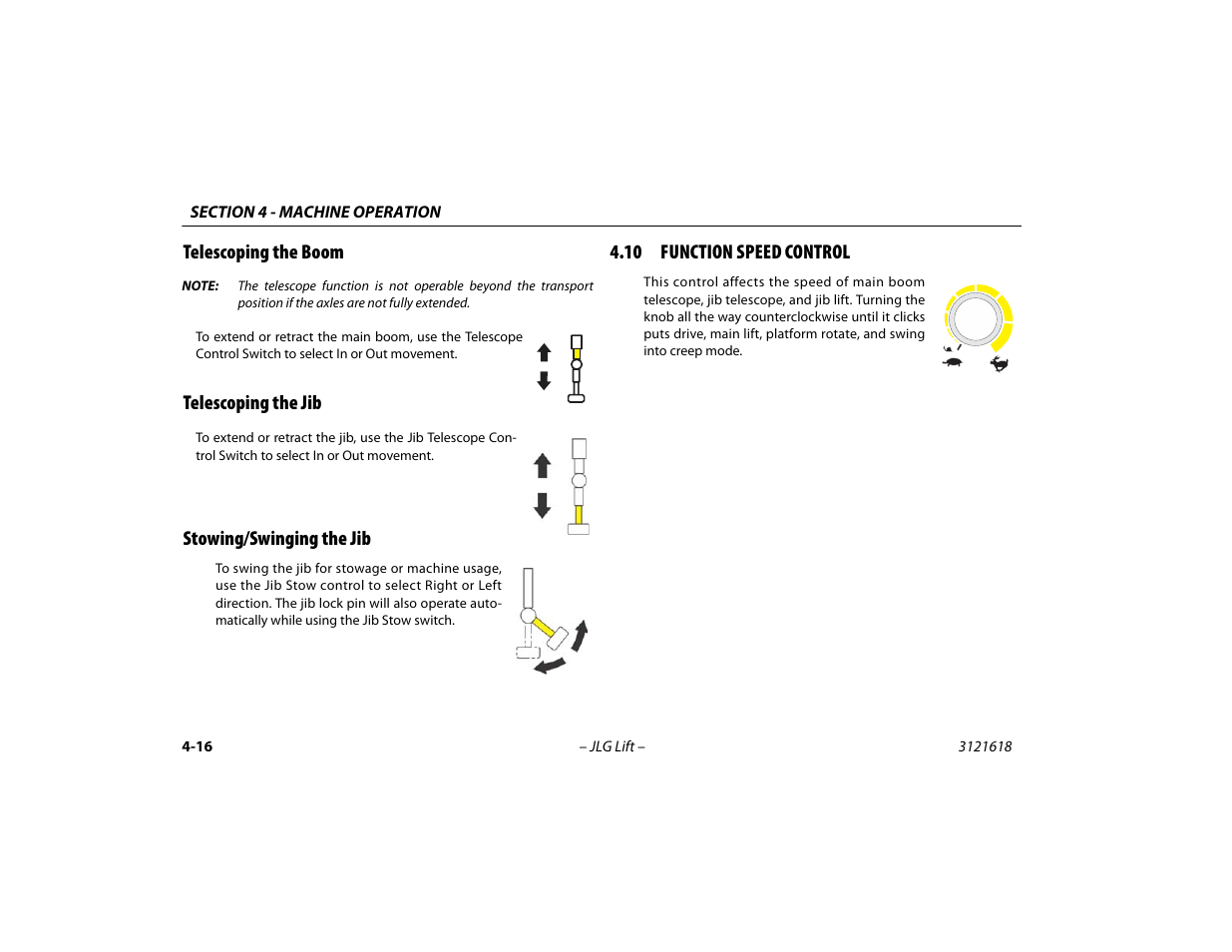 Telescoping the boom, Telescoping the jib, Stowing/swinging the jib | 10 function speed control, 10 function speed control -16 | JLG 1850SJ Operator Manual User Manual | Page 82 / 160