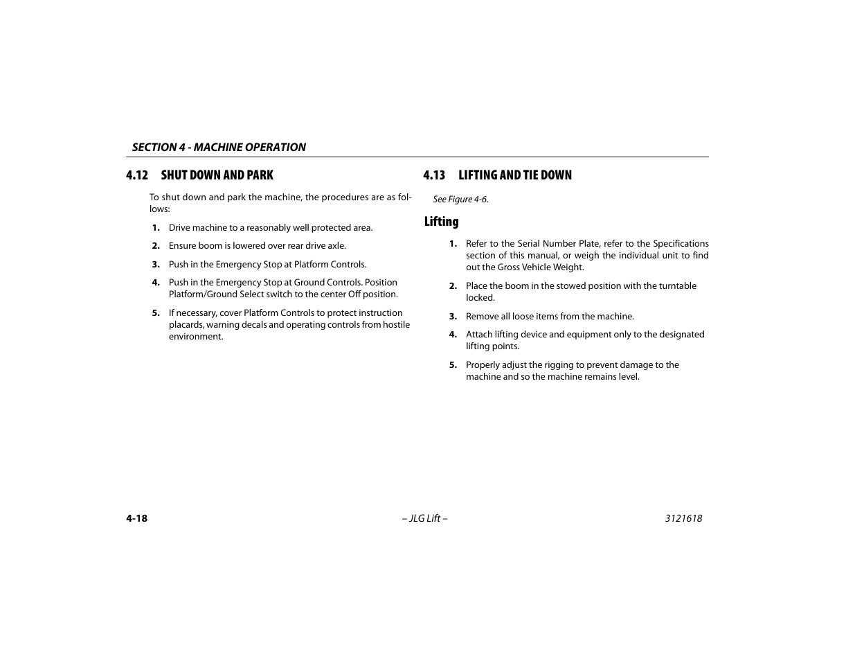 12 shut down and park, 13 lifting and tie down, Lifting | Lifting -18 | JLG 1850SJ Operator Manual User Manual | Page 84 / 160