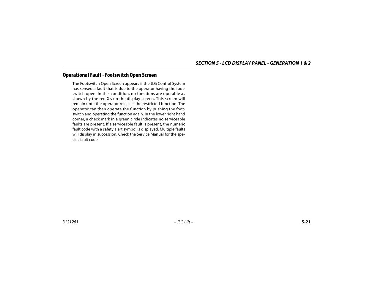 Operational fault - footswitch open screen, Operational fault - footswitch open screen -21 | JLG 1500SJ Operator Manual User Manual | Page 117 / 192