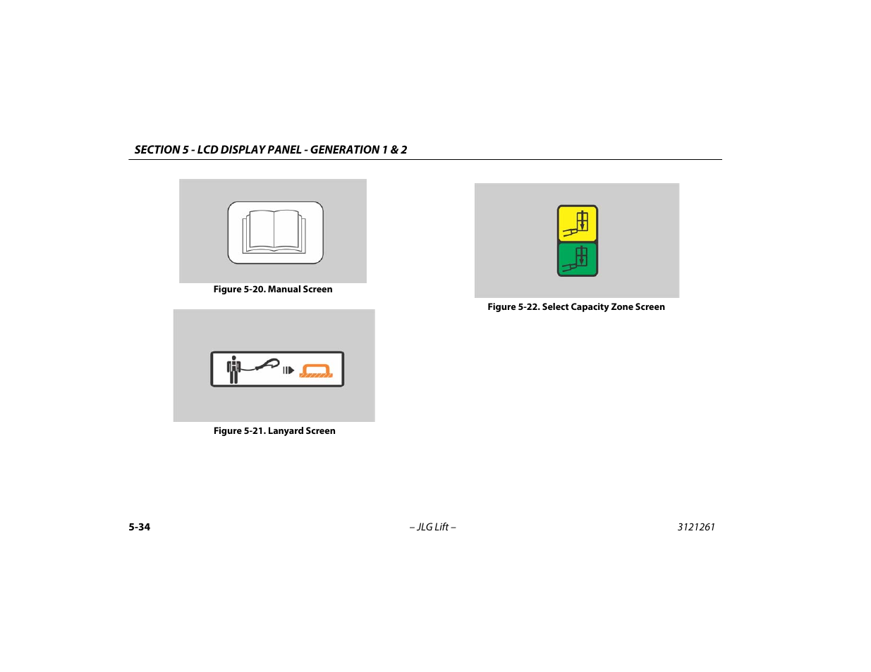 Manual screen -34, Lanyard screen -34, Select capacity zone screen -34 | JLG 1500SJ Operator Manual User Manual | Page 130 / 192