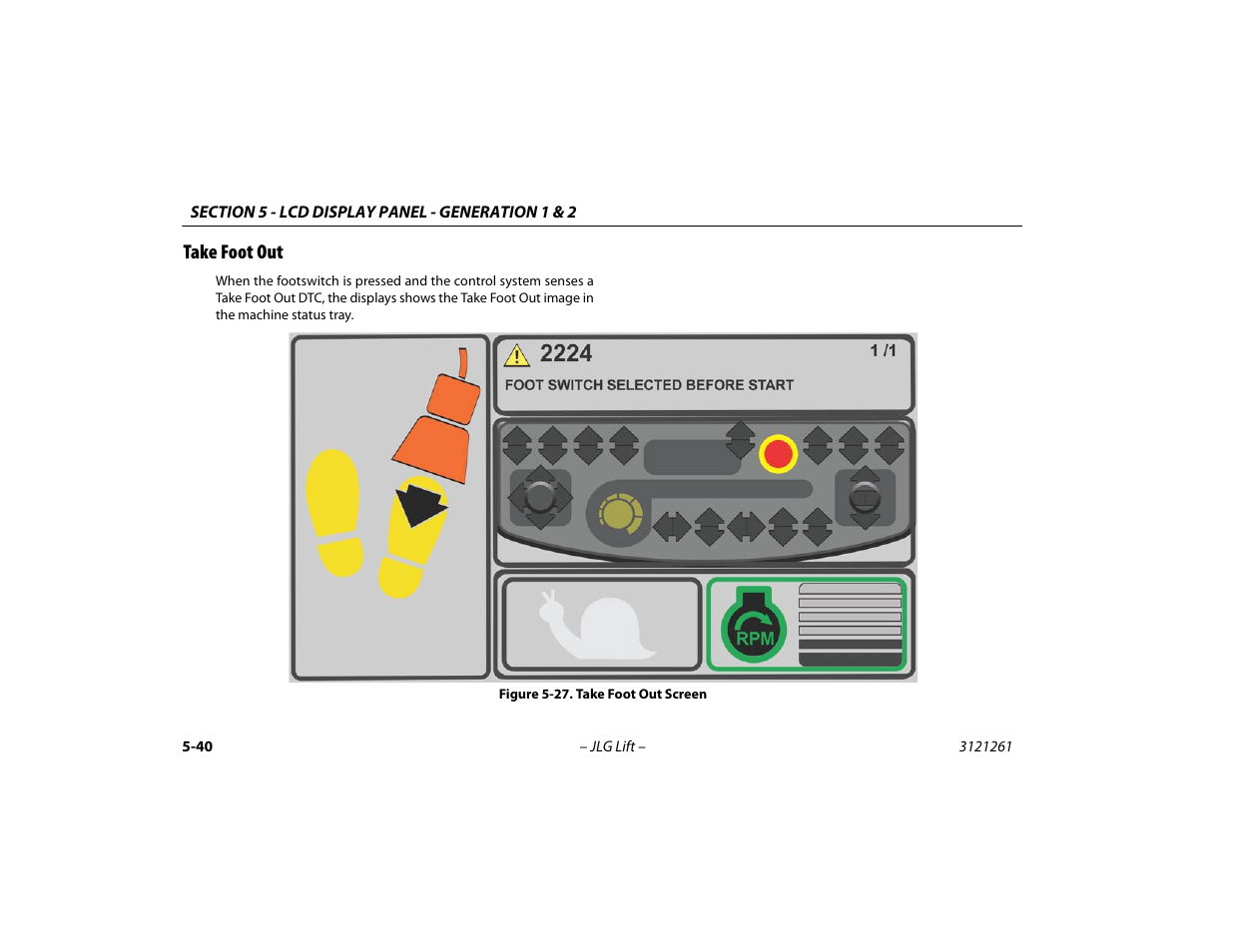 Take foot out, Take foot out -40, Take foot out screen -40 | JLG 1500SJ Operator Manual User Manual | Page 136 / 192