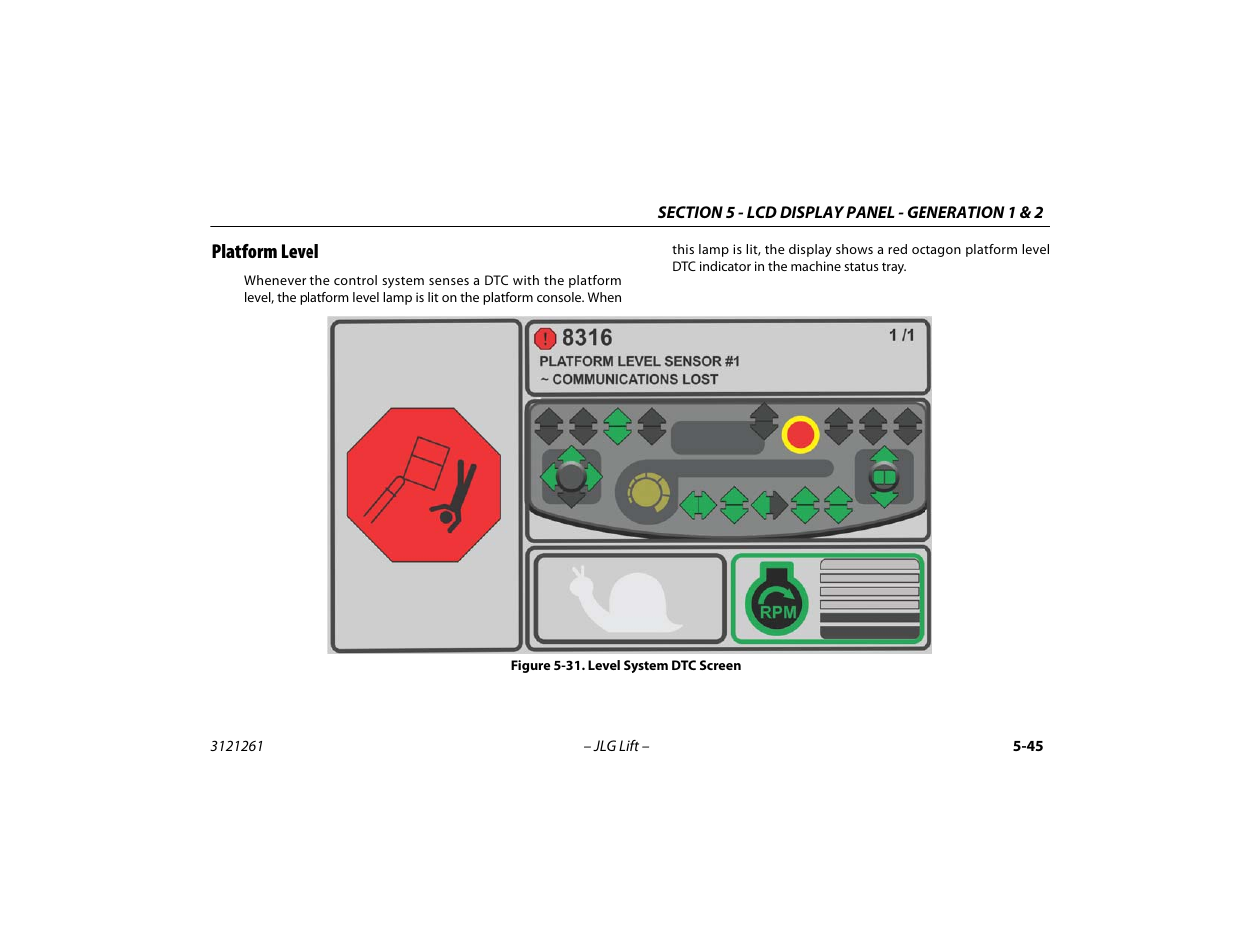Platform level, Platform level -45, Level system dtc screen -45 | JLG 1500SJ Operator Manual User Manual | Page 141 / 192