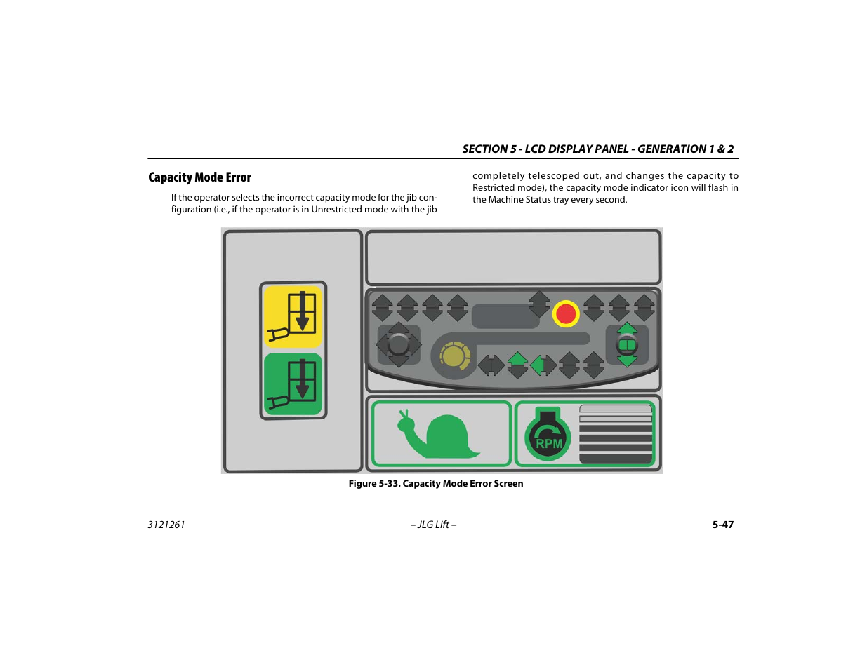 Capacity mode error, Capacity mode error -47, Capacity mode error screen -47 | JLG 1500SJ Operator Manual User Manual | Page 143 / 192