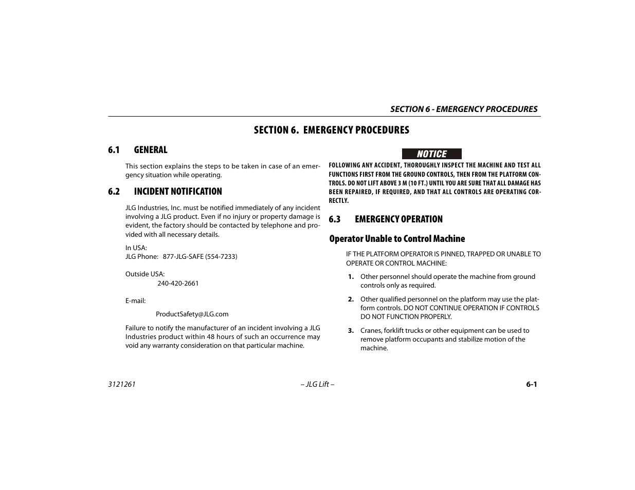 Section 6. emergency procedures, 1 general, 2 incident notification | 3 emergency operation, Operator unable to control machine, Section - 6 - emergency procedures, General -1, Incident notification -1, Emergency operation -1, Operator unable to control machine -1 | JLG 1500SJ Operator Manual User Manual | Page 159 / 192