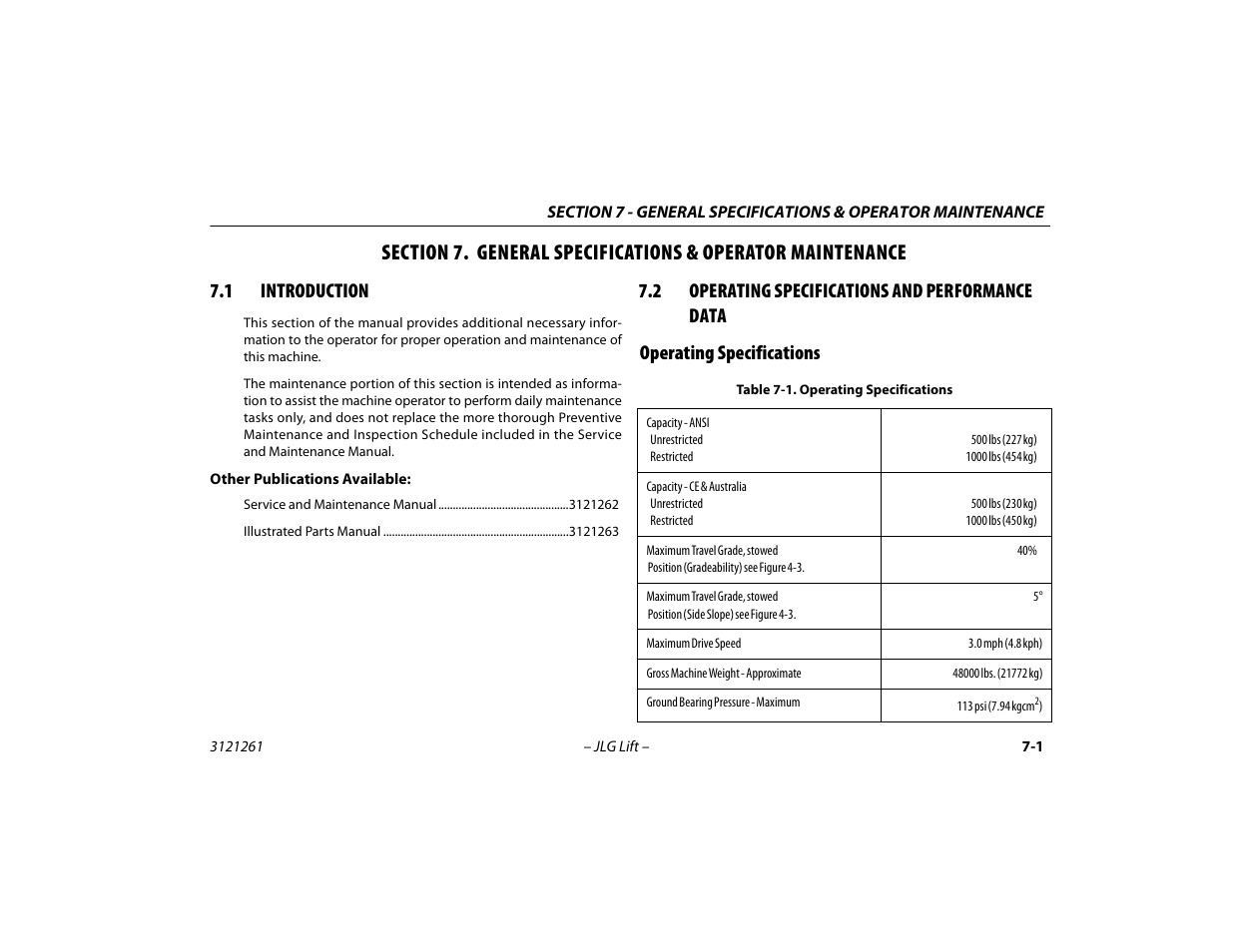 1 introduction, 2 operating specifications and performance data, Operating specifications | Introduction -1, Operating specifications and performance, Data -1, Operating specifications -1 | JLG 1500SJ Operator Manual User Manual | Page 161 / 192