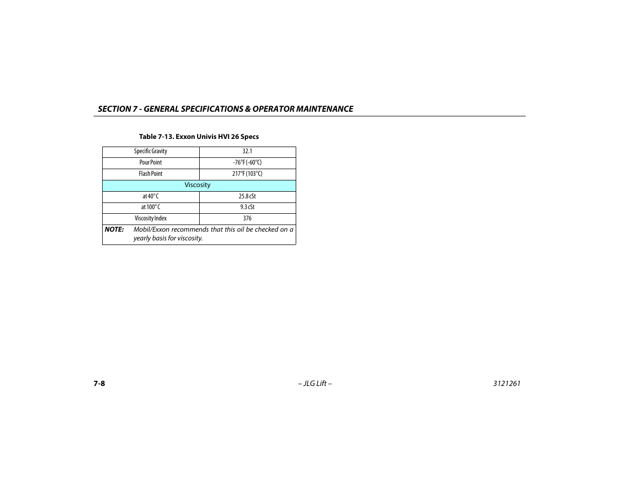 Exxon univis hvi 26 specs -8 | JLG 1500SJ Operator Manual User Manual | Page 168 / 192