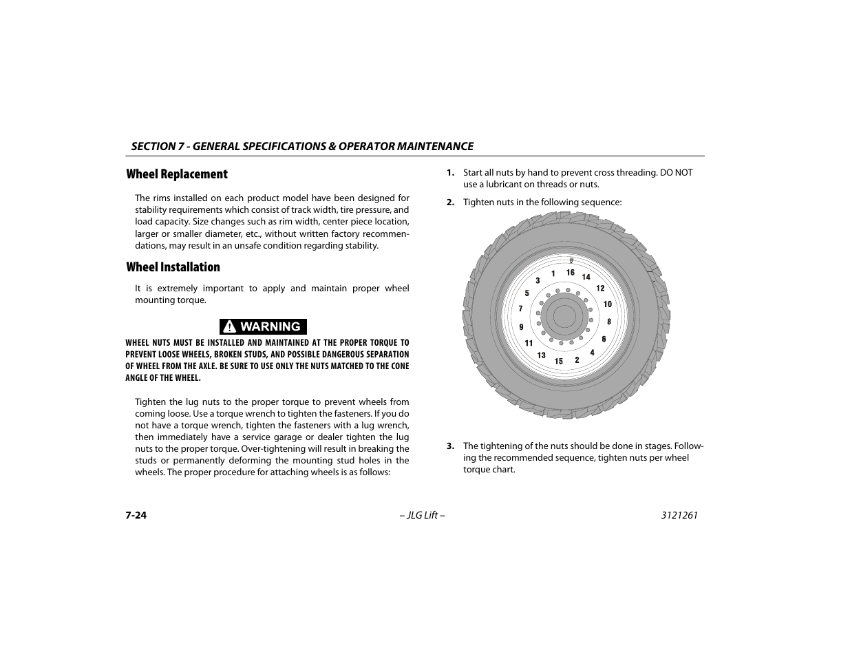 Wheel replacement, Wheel installation, Wheel replacement -24 wheel installation -24 | JLG 1500SJ Operator Manual User Manual | Page 184 / 192