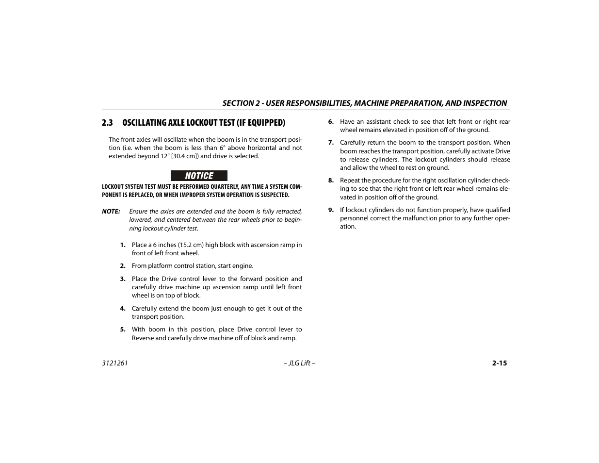 3 oscillating axle lockout test (if equipped), Oscillating axle lockout test (if equipped) -15 | JLG 1500SJ Operator Manual User Manual | Page 43 / 192